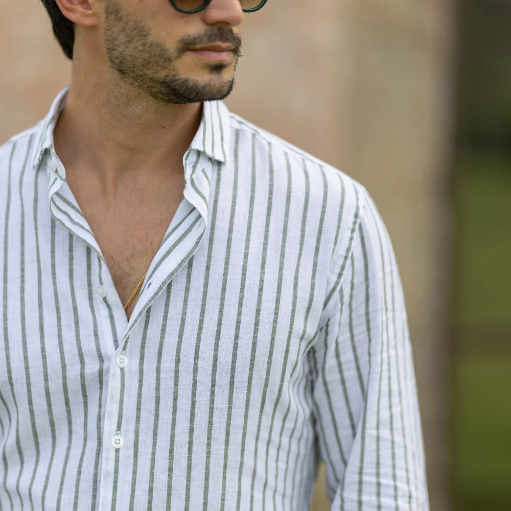 Camisa de Linho Branca e Verde Zolf SS-25