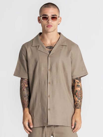 Camisa de Linho de Manga Curta Taupe Gianni Kavanagh
