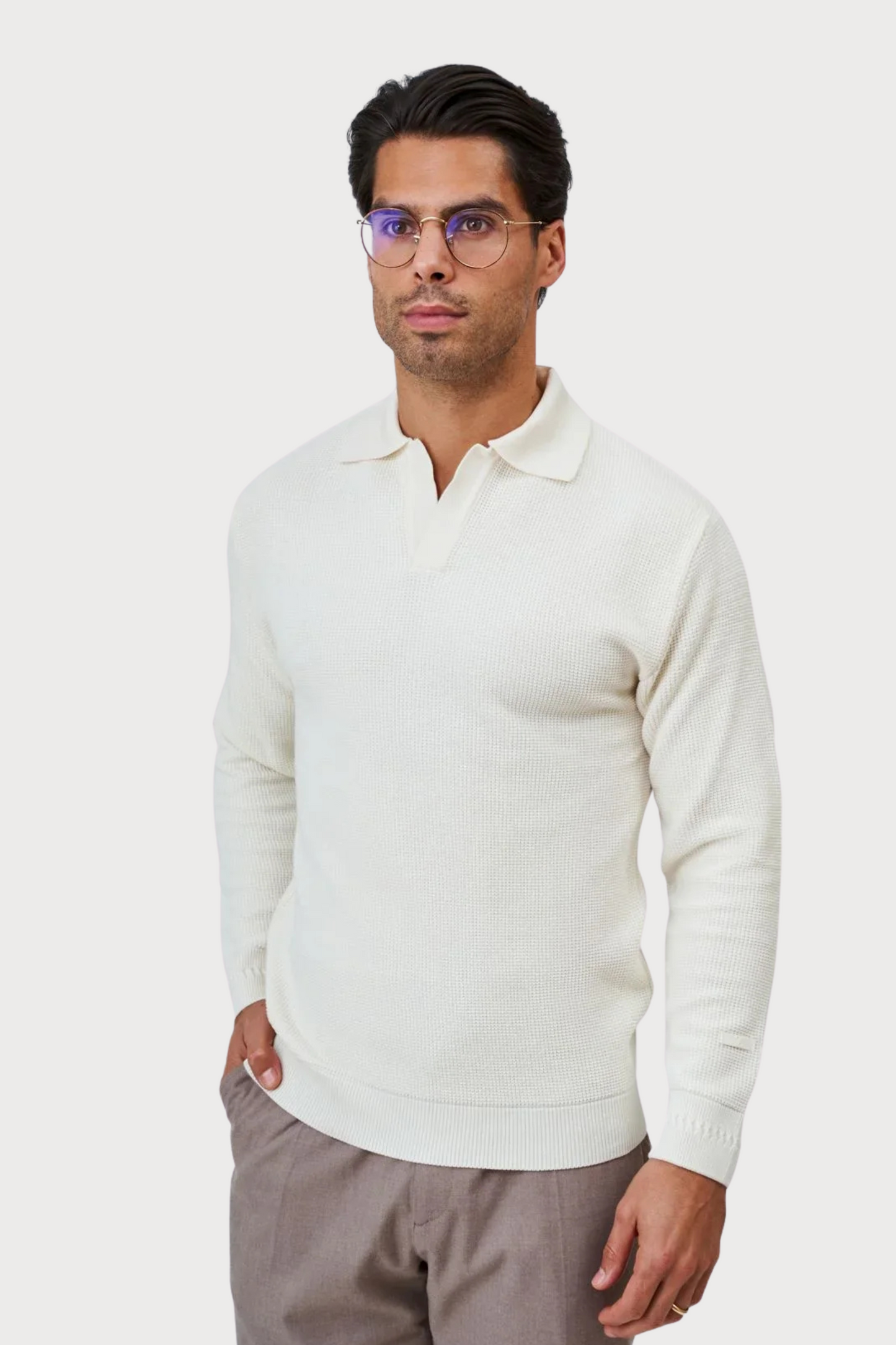 Polo Bege Zolf Tricot Manga Comprida Decote V FW25