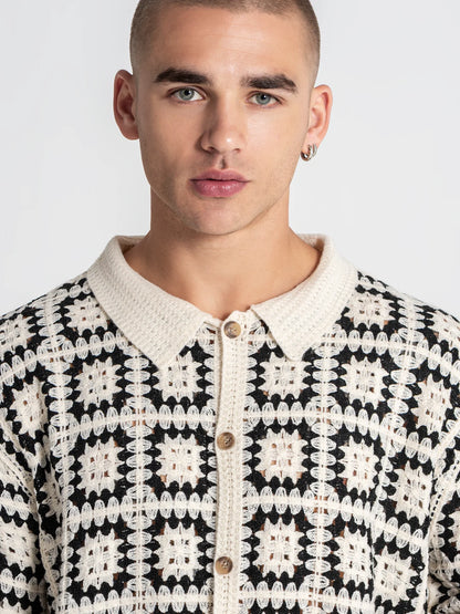 Camisa Knit de Manga Curta Preta e Bege Gianni Kavanagh