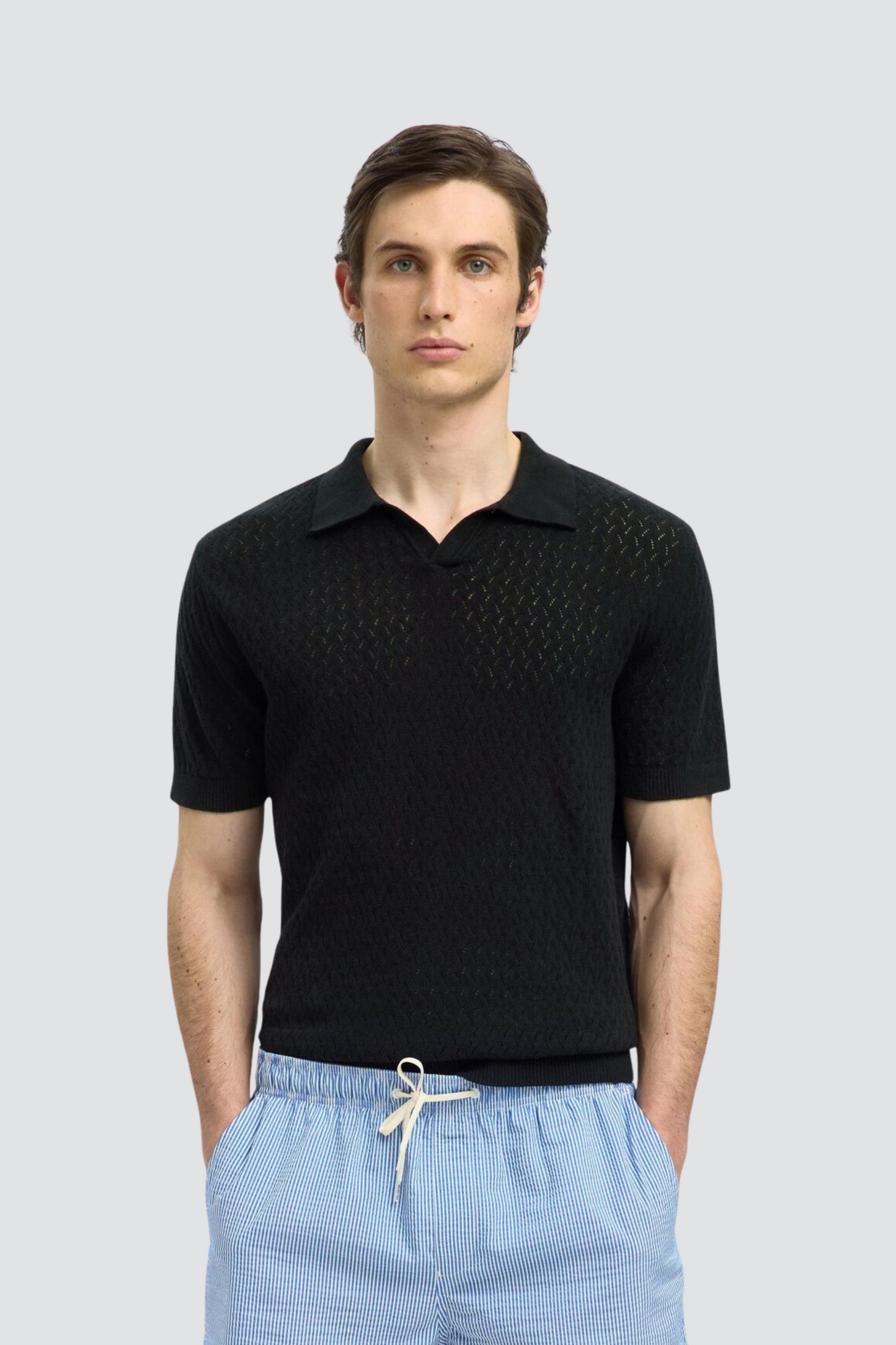 Polo Preto com Gola Aberta Selected SS25