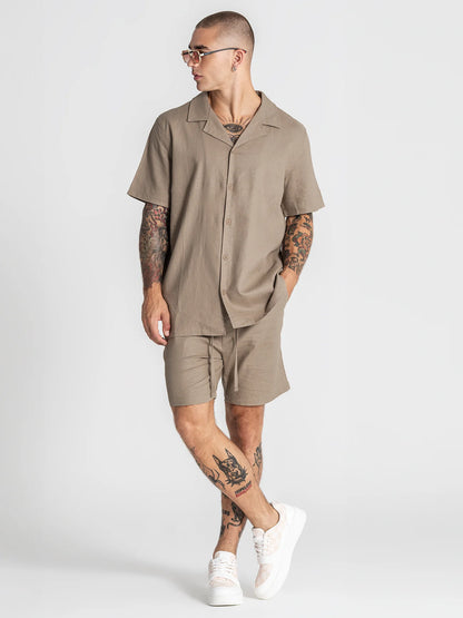 Camisa de Linho de Manga Curta Taupe Gianni Kavanagh