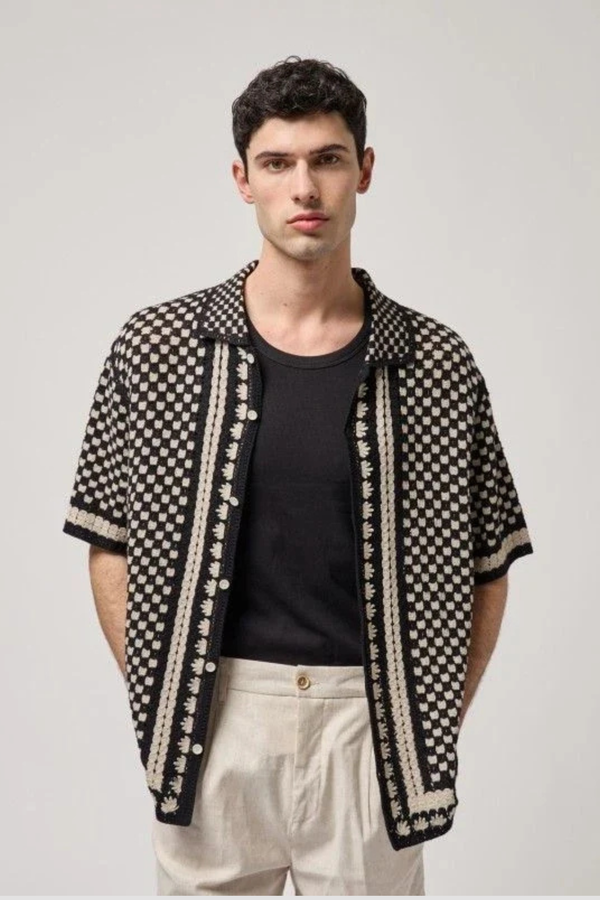 Camisa com Padrão Preta e Bege