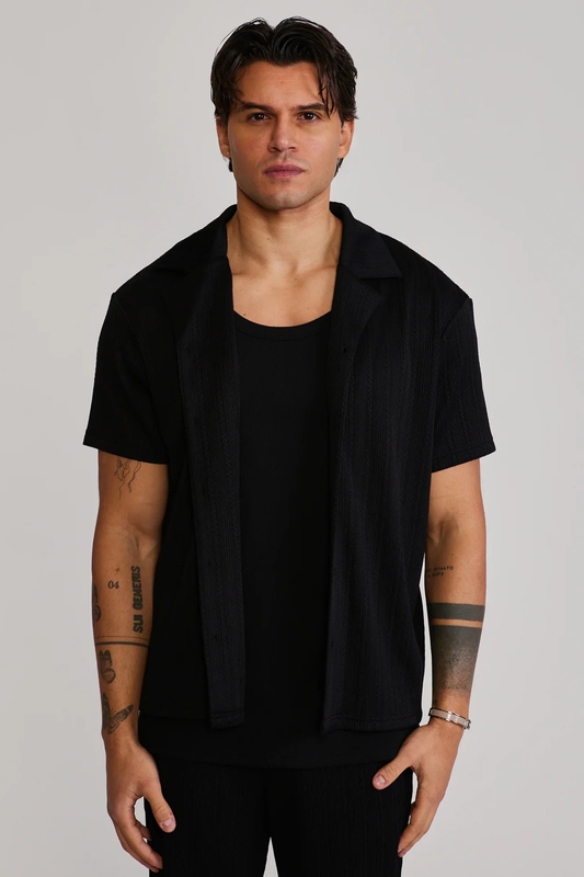 Camisa em Tecido Texturizado de Manga Curta Preta SikSilk