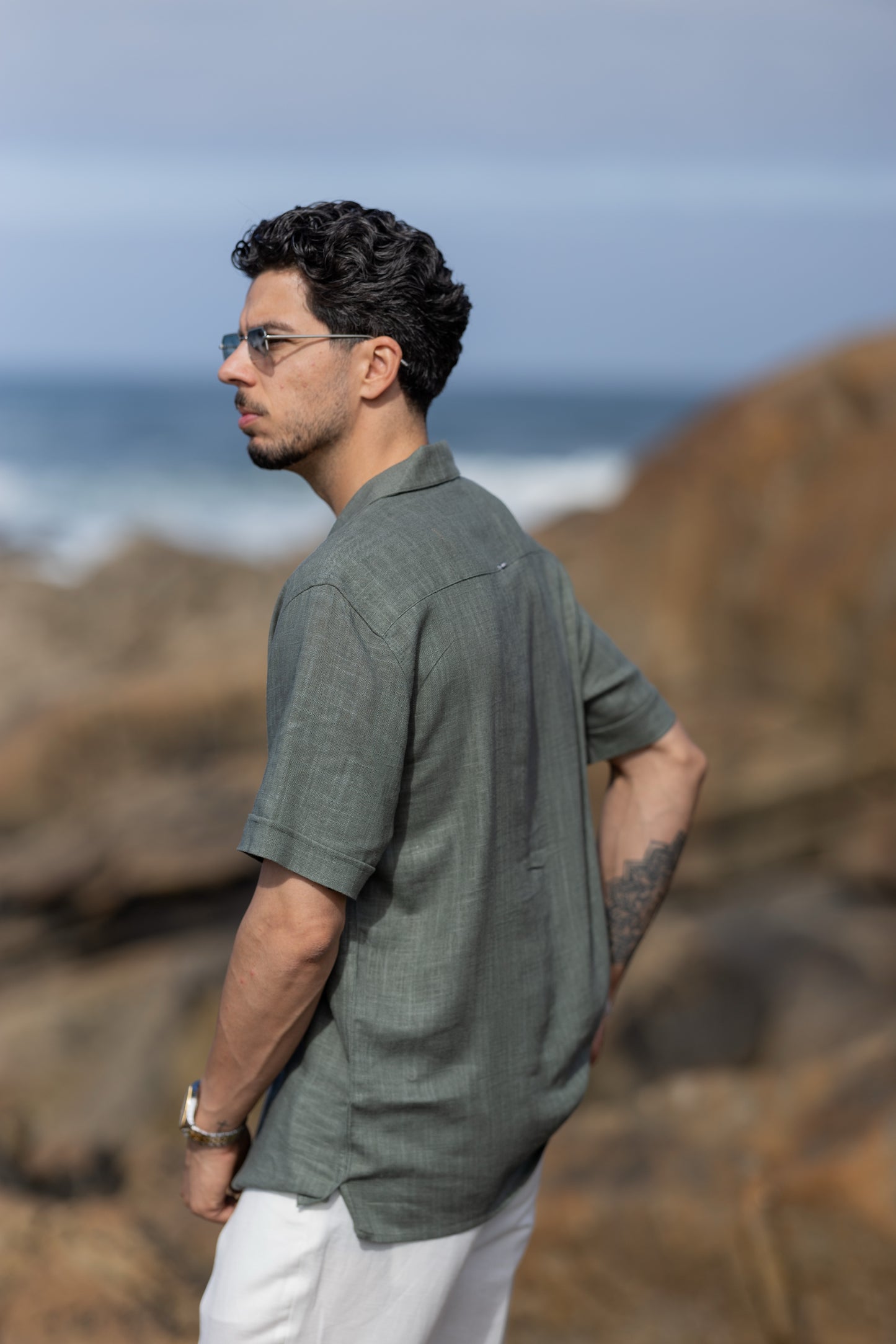 Camisa de Linho de Manga Curta Verde
