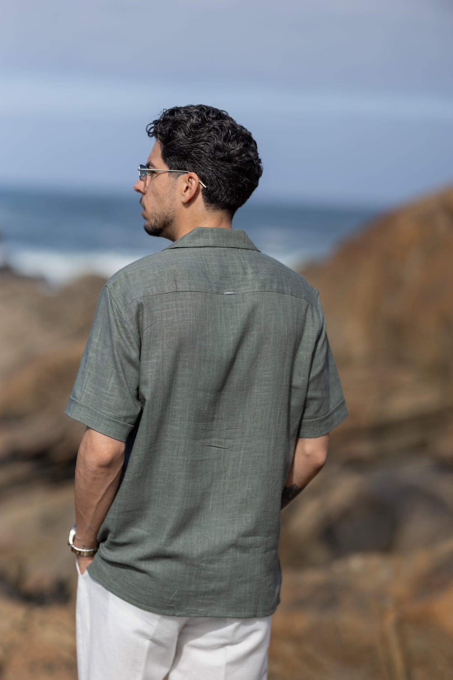 Camisa de Linho de Manga Curta Verde