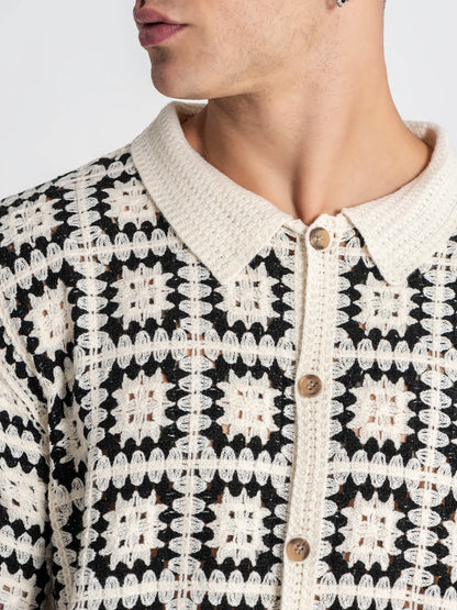 Camisa Knit de Manga Curta Preta e Bege Gianni Kavanagh