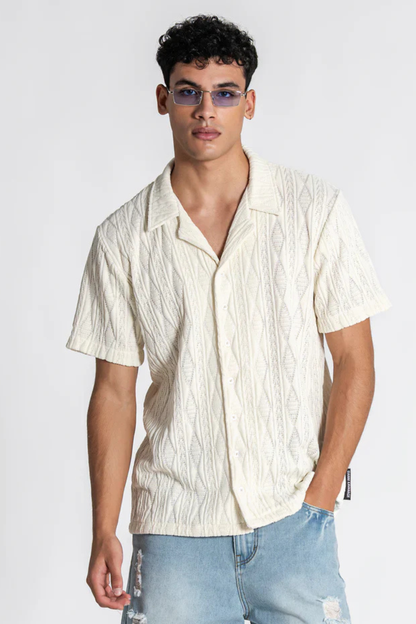 Camisa com Padrão em Relevo de Manga Curta Bege Gianni Kavanagh