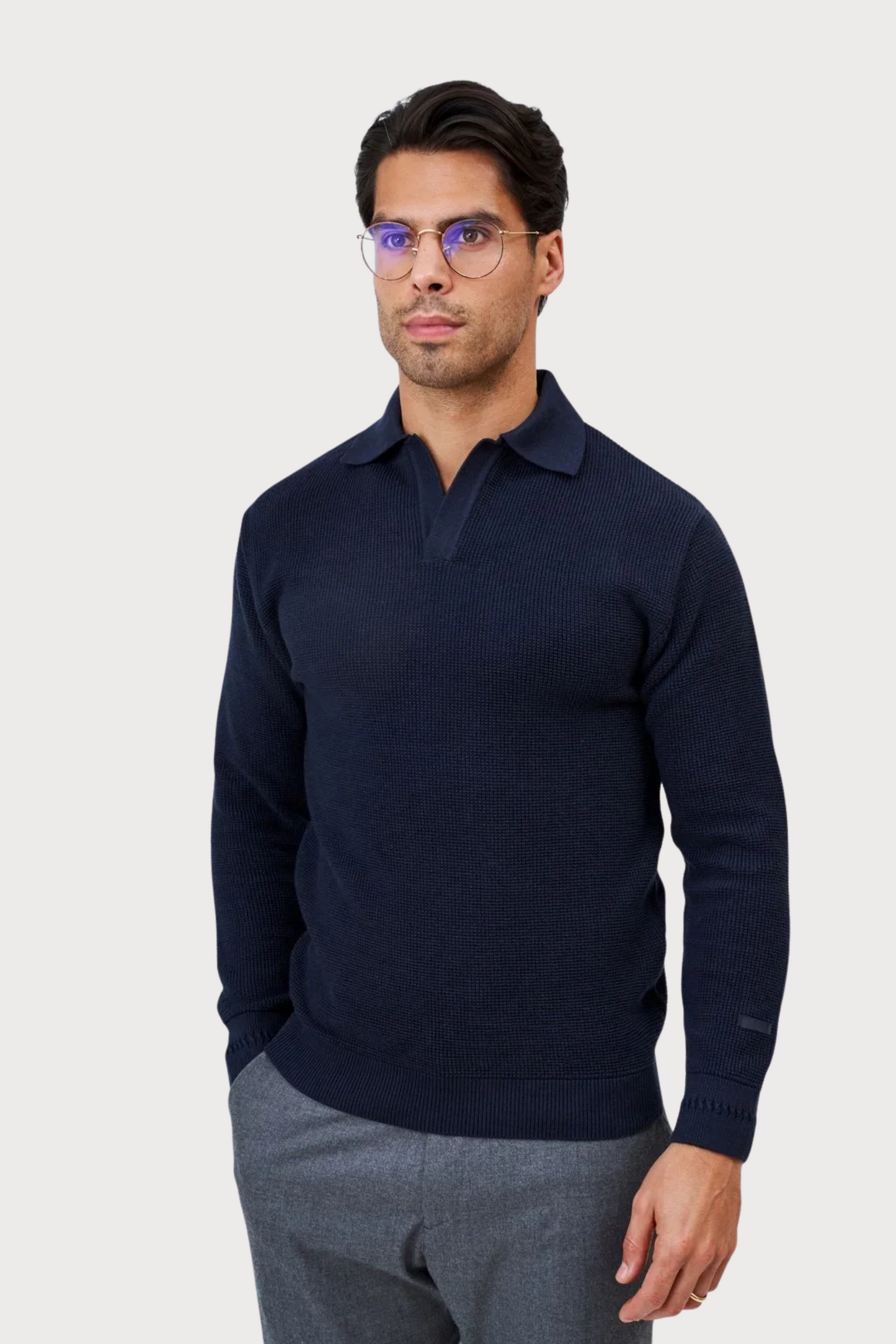 Polo Azul Tricot Manga Comprida Decote V FW25