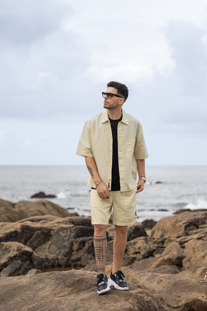Camisa de Manga Curta Linho Calvin Klein Bege SS24 Calvin Klein