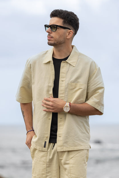 Camisa de Manga Curta Linho Calvin Klein Bege SS24 Calvin Klein