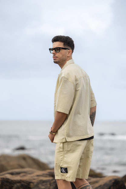 Camisa de Manga Curta Linho Calvin Klein Bege SS24 Calvin Klein