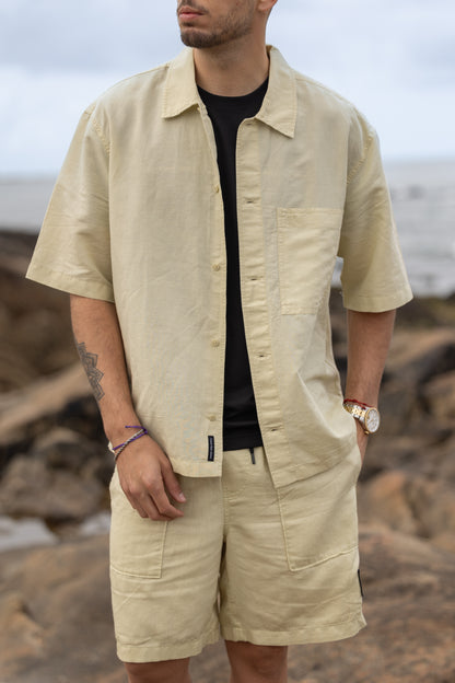 Camisa de Manga Curta Linho Calvin Klein Bege SS24 Calvin Klein