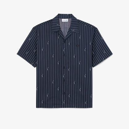 Camisa de Manga Curta Azul com Riscas Brancas Lacoste