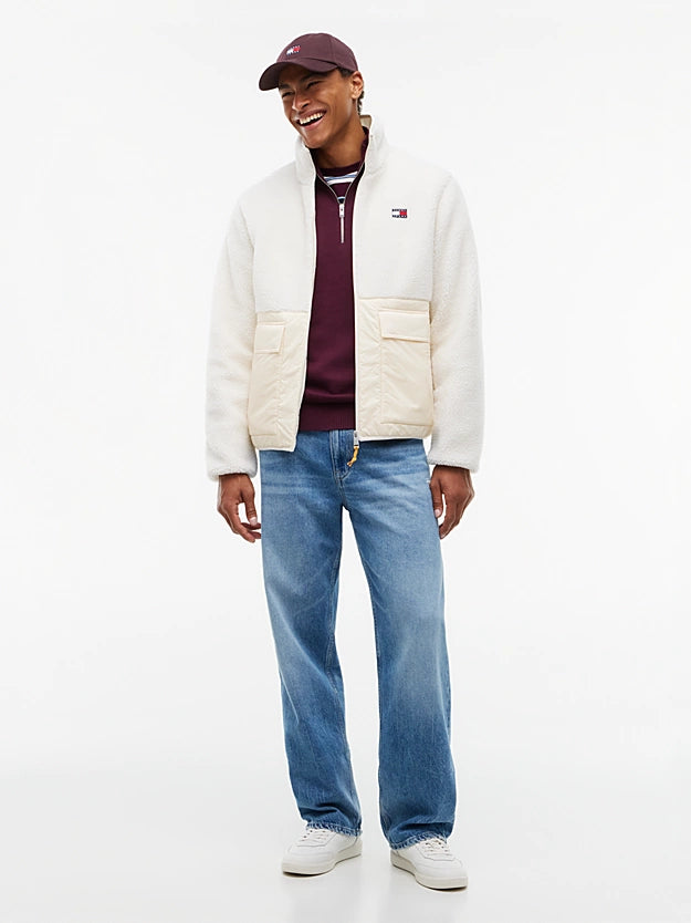 Casaco Teddy Relaxed Tommy Hilfiger com Contraste de Texturas Creme Tommy Hilfiger