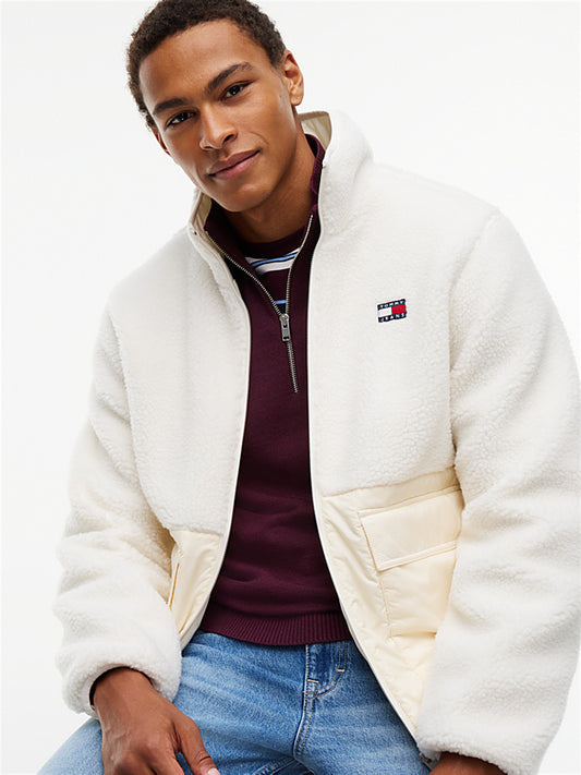 Casaco Teddy Relaxed Tommy Hilfiger com Contraste de Texturas Creme Tommy Hilfiger