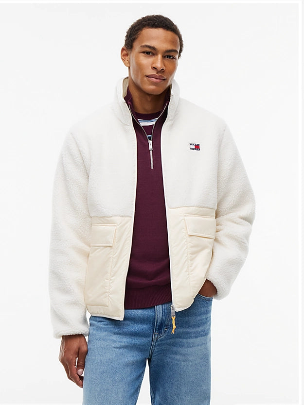 Casaco Teddy Relaxed Tommy Hilfiger com Contraste de Texturas Creme Tommy Hilfiger