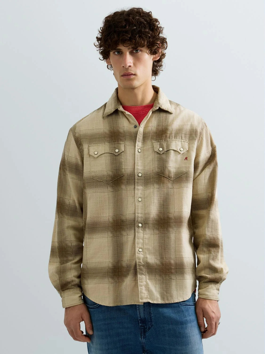 Camisa Replay Castanha e Creme Padrão Xadrez Replay
