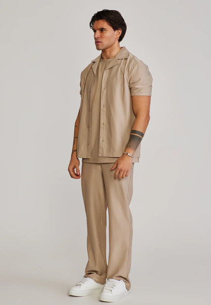 Camisa em Tecido Plissado de Manga Curta Bege SikSilk