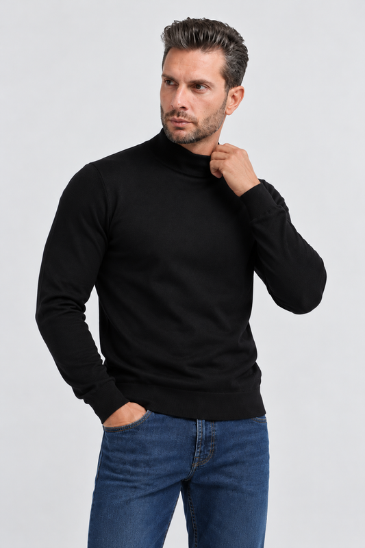 Camisola de Meia Gola em Lã Merino Yes Zee Preta Yes Zee