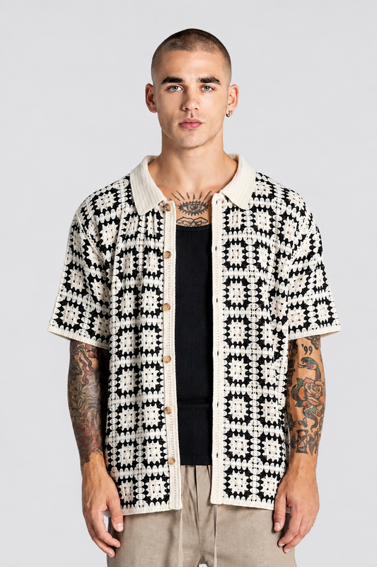 Camisa Knit de Manga Curta Preta e Bege