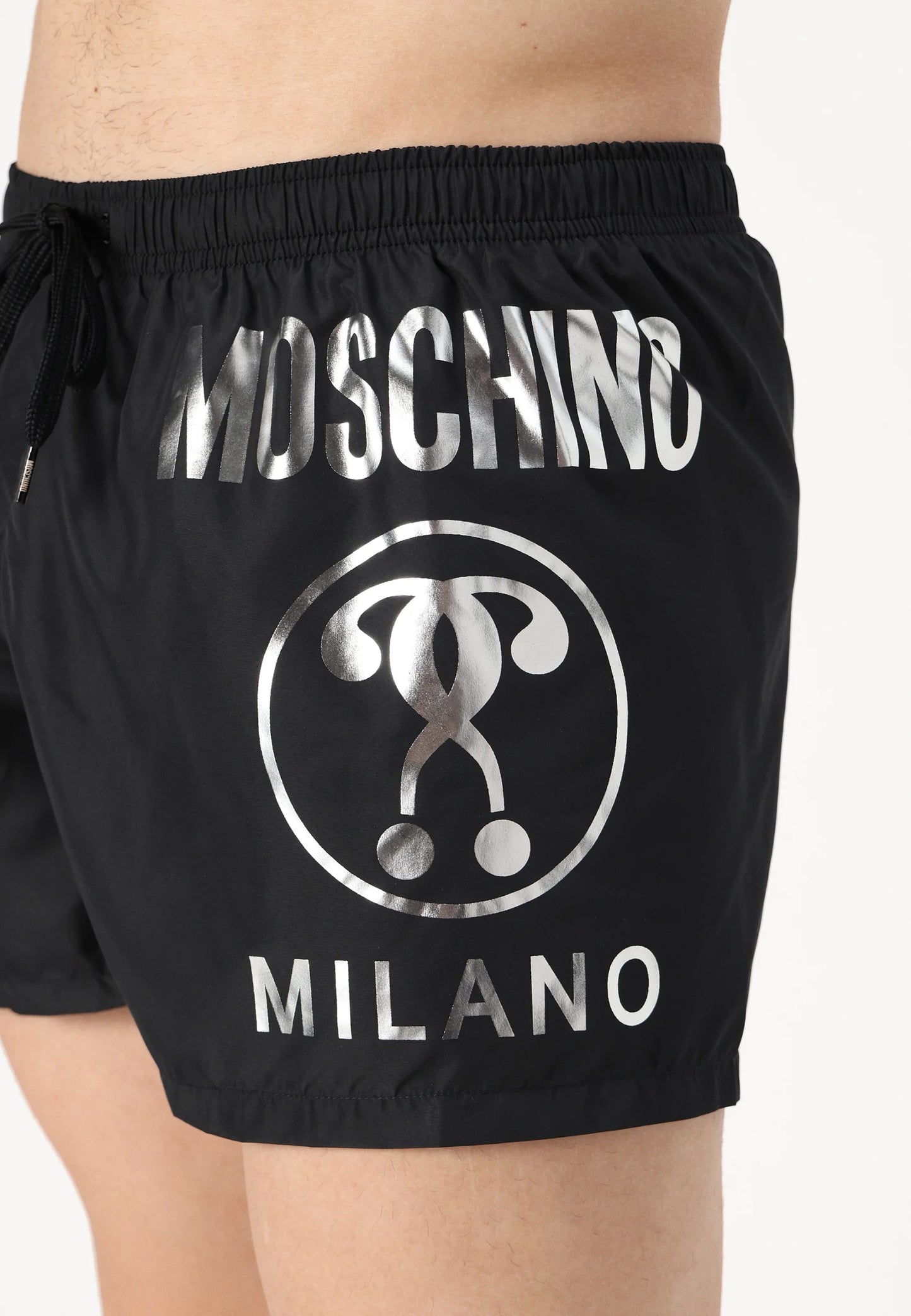 CALÇÕES DE BANHO MOSCHINO PRETOS COM LOGO PRATA