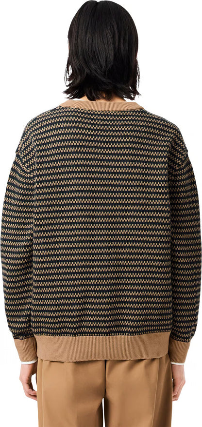 Casaco de Malha Padrão Bicolor Camel e Azul Lacoste Oversized Lacoste