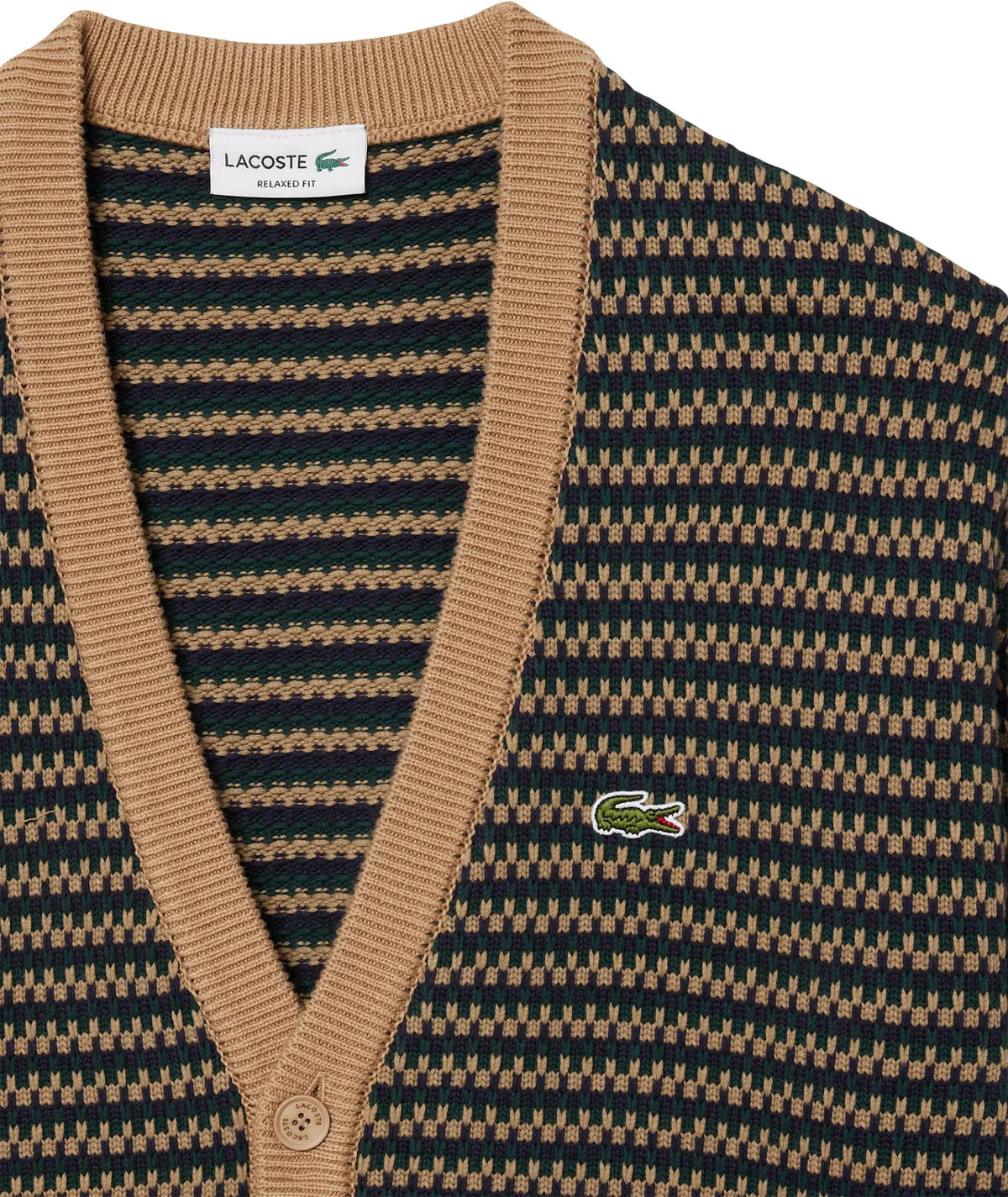 Casaco de Malha Padrão Bicolor Camel e Azul Lacoste Oversized Lacoste