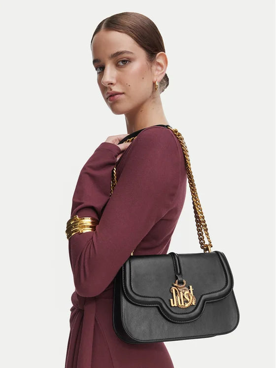 Mala de Ombro Corrente Just Cavalli Logo Preta Just Cavalli W