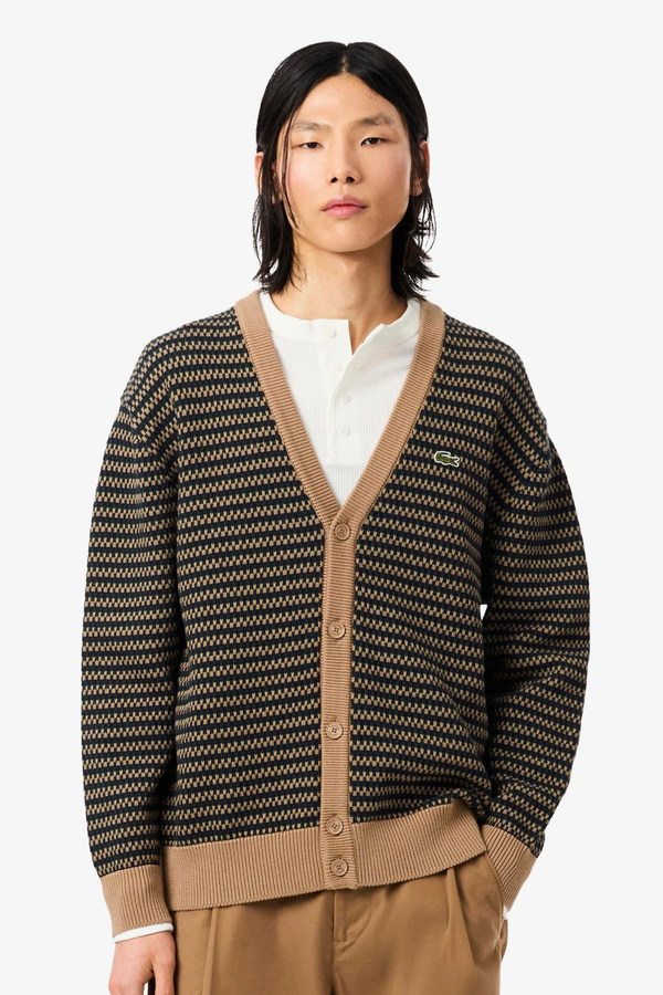 Casaco de Malha Padrão Bicolor Camel e Azul Lacoste Oversized